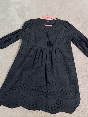 Black Eyelet Tassel Tie Long Sleeve Dress